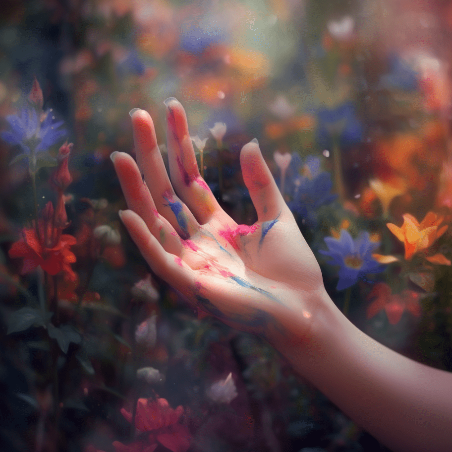 Imagen creada con IA. Una mano con pintura rodeada de flores