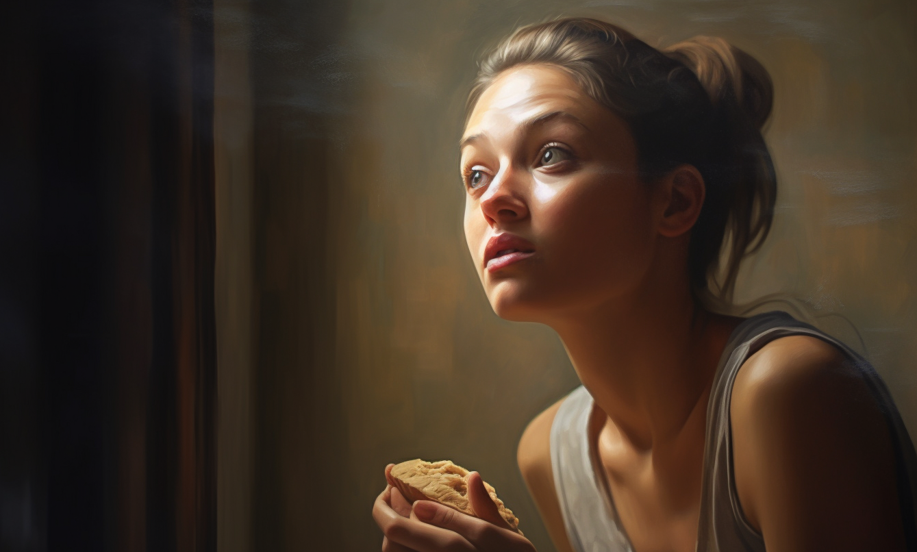 Una chica con un trozo de pan en la mano, incómoda por no deber comérselo