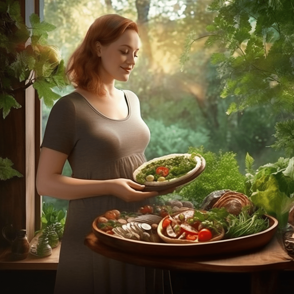 Foto de una mujer embarazada mirando comida saludable