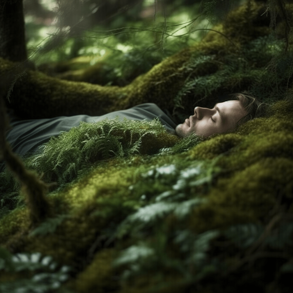 Imagen de un hombre durmiendo en el bosque