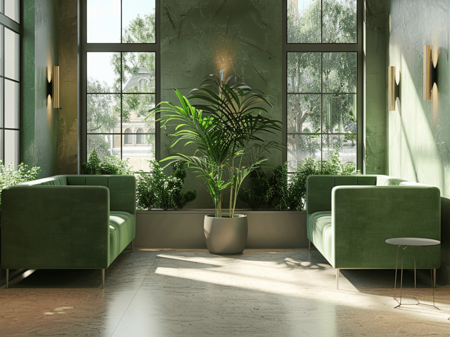 sala de consulta imaginada con IA. sofás verdes y luminosa