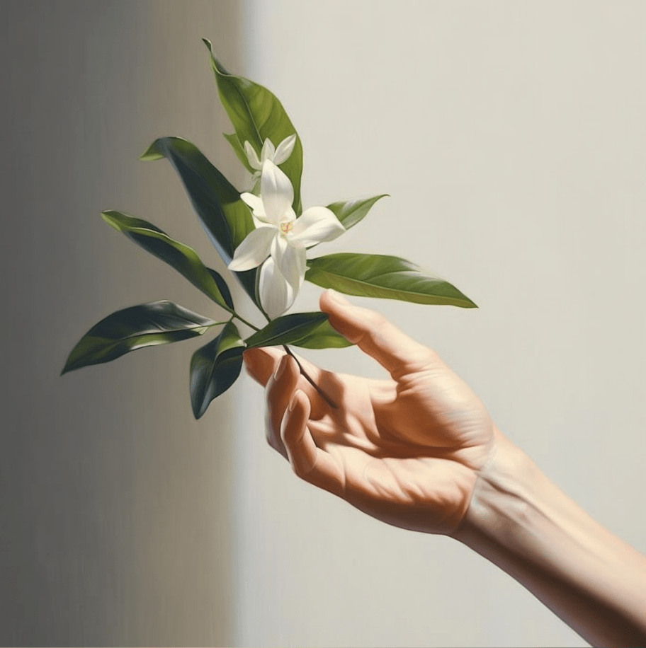 Una mano sosteniendo una flor de laurel clínica Laurisilva