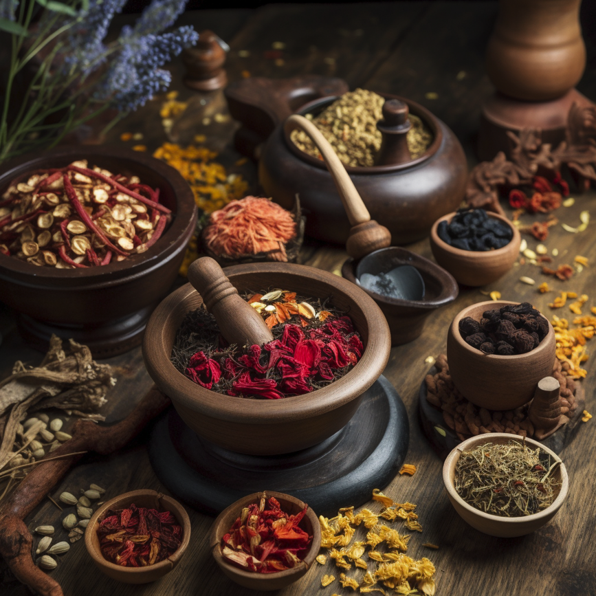 Foto con elementos típicos de la medicina tradicional china